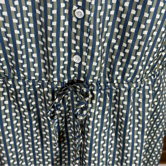 J. McLaughlin Green Blue Geometric Silk Shirt Dress Drawstring Waist L - Picture 3 of 13